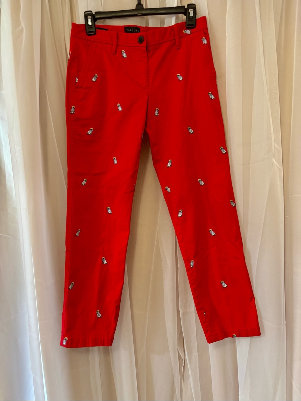 Talbots Size 0P Red Embroidered Relaxed Chinos Frenchie Critter Print Cotton